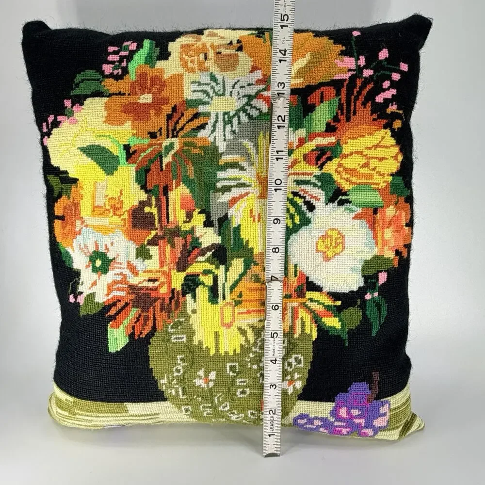 Vtg Handmade Needlepoint Throw Pillow Black Green Yellow Bouquet Vase Boho 16